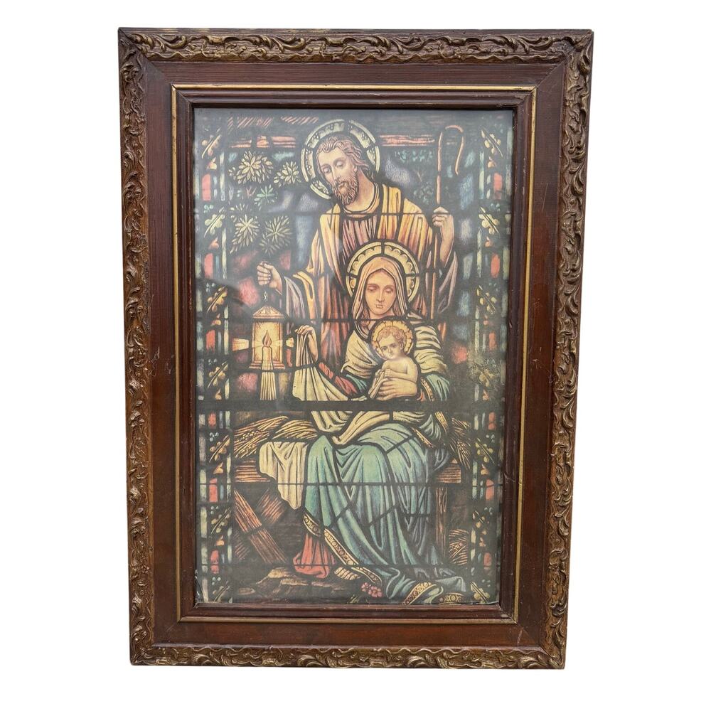 Vtg Antique? Stained Glass Holy Family Religious Print Ornate Gesso Framed Art